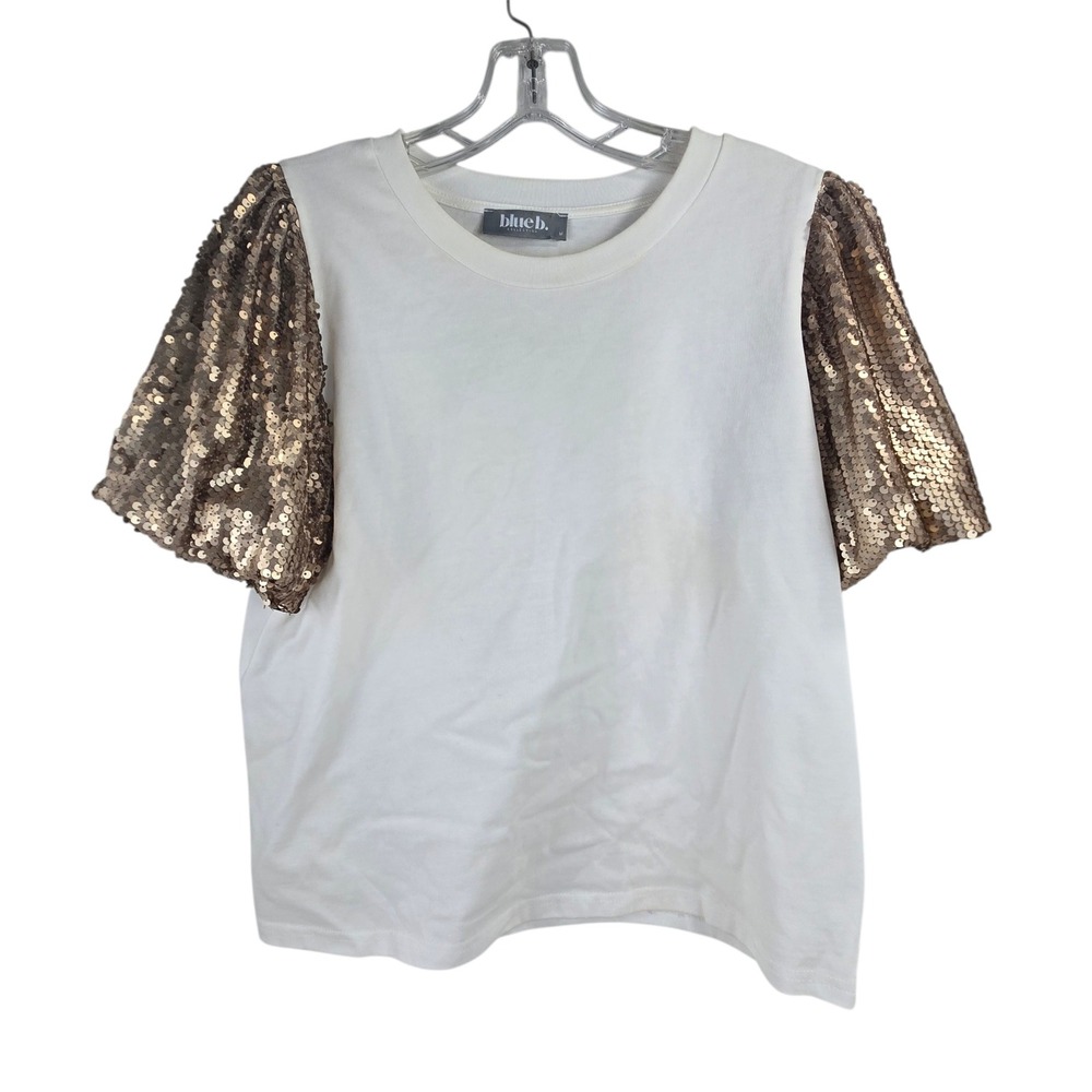 Blue B Collection White Sequin Puff Sleeve Top‎ Gold Sparkle Tee Size M 33014T